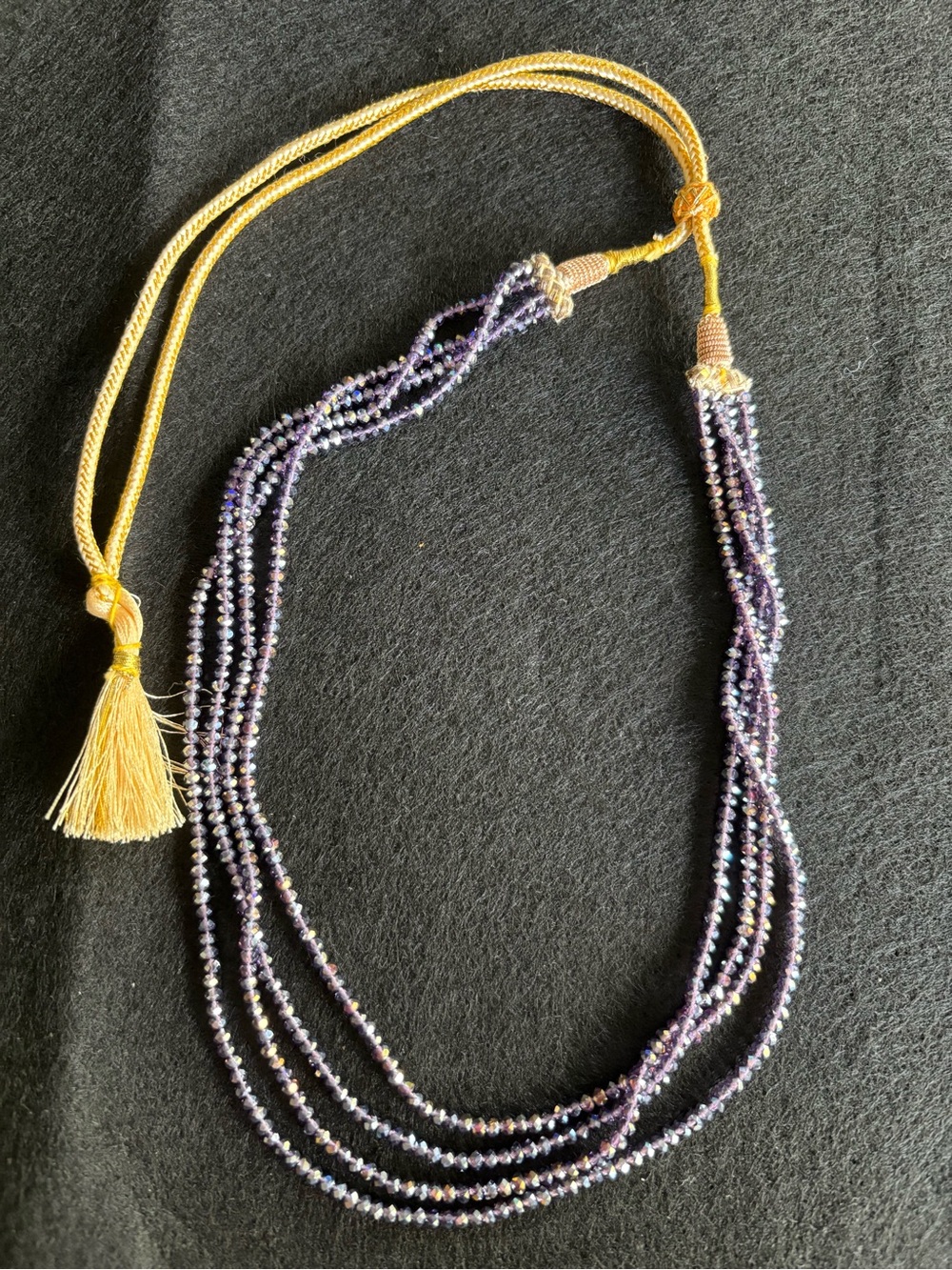 Handcrafted Purple Beaded Multi-Strand Necklace with Gold Tassel Accent
